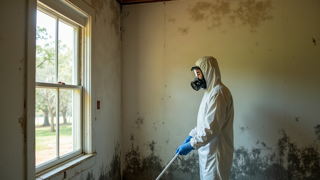 St. George mold remediation technician in Tyvek suit and respirator inspecting drywall near an HVAC return